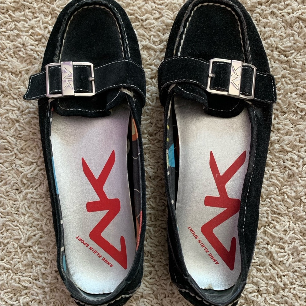 Anne Klein Black Suede Loafers with Silver Buckle